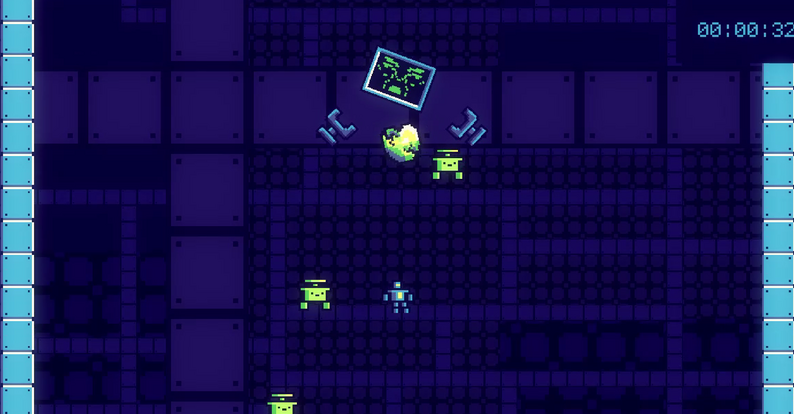 A robotic foe shakes in pain after the player strikes its heart.